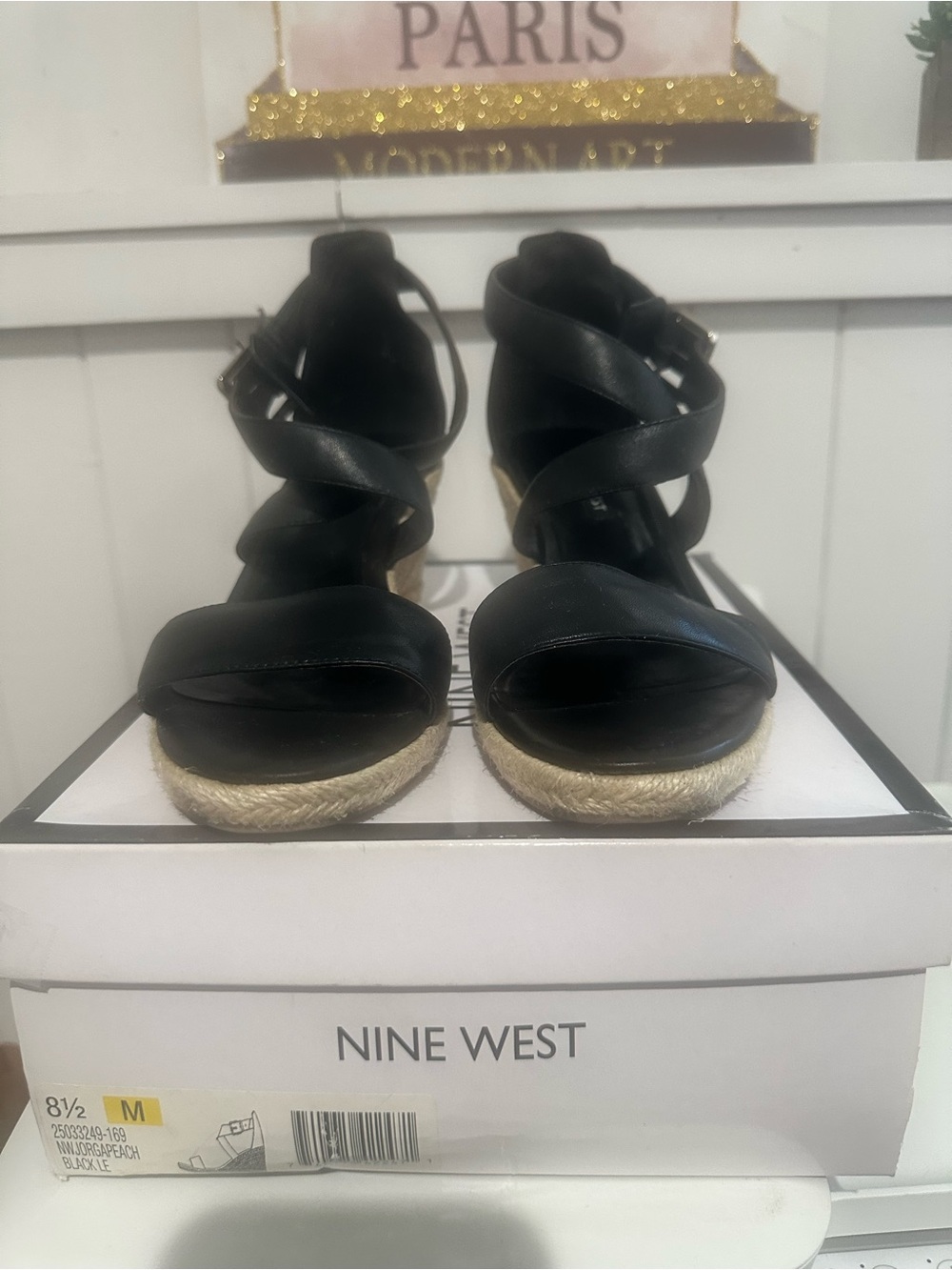 Nine West Black Leather Espadrille Wedge Sandals with Crisscross Straps